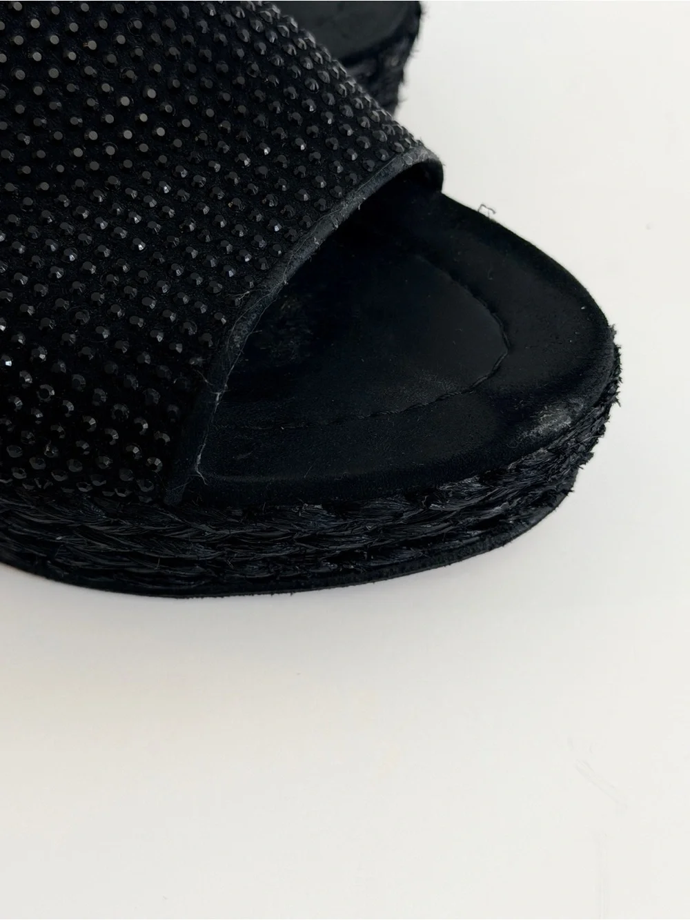 Donald Pliner Frida Black Woven Raffia Wedge Slide with Rhinestone detail. 9M